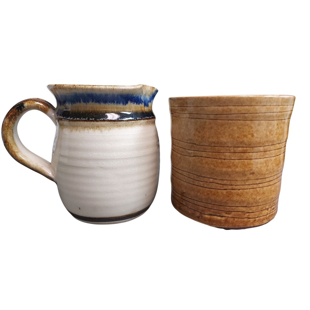 Handmade Studio Pottery Set Cream Blue Drip Glaze Pitcher and Tan Striped Cup